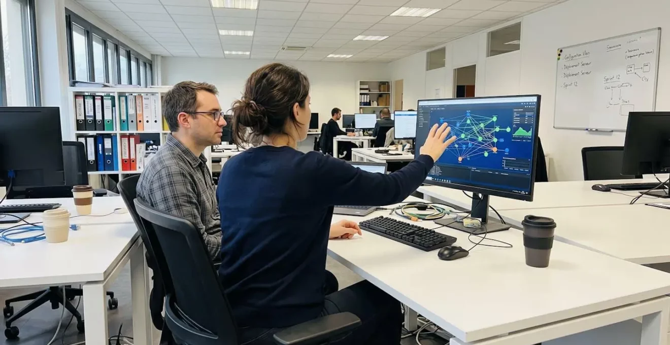 Deux professionnels IT collaborent devant un écran affichant un diagramme réseau flouté, dans un open-space lumineux avec grandes fenêtres
