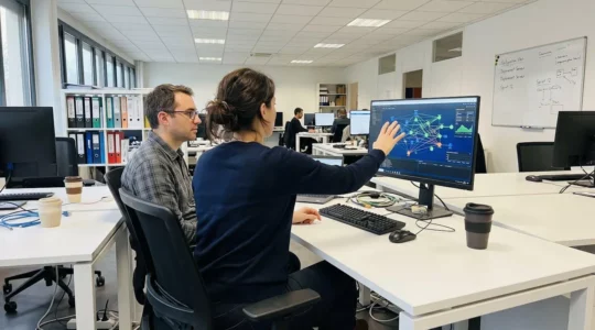 Deux professionnels IT collaborent devant un écran affichant un diagramme réseau flouté, dans un open-space lumineux avec grandes fenêtres