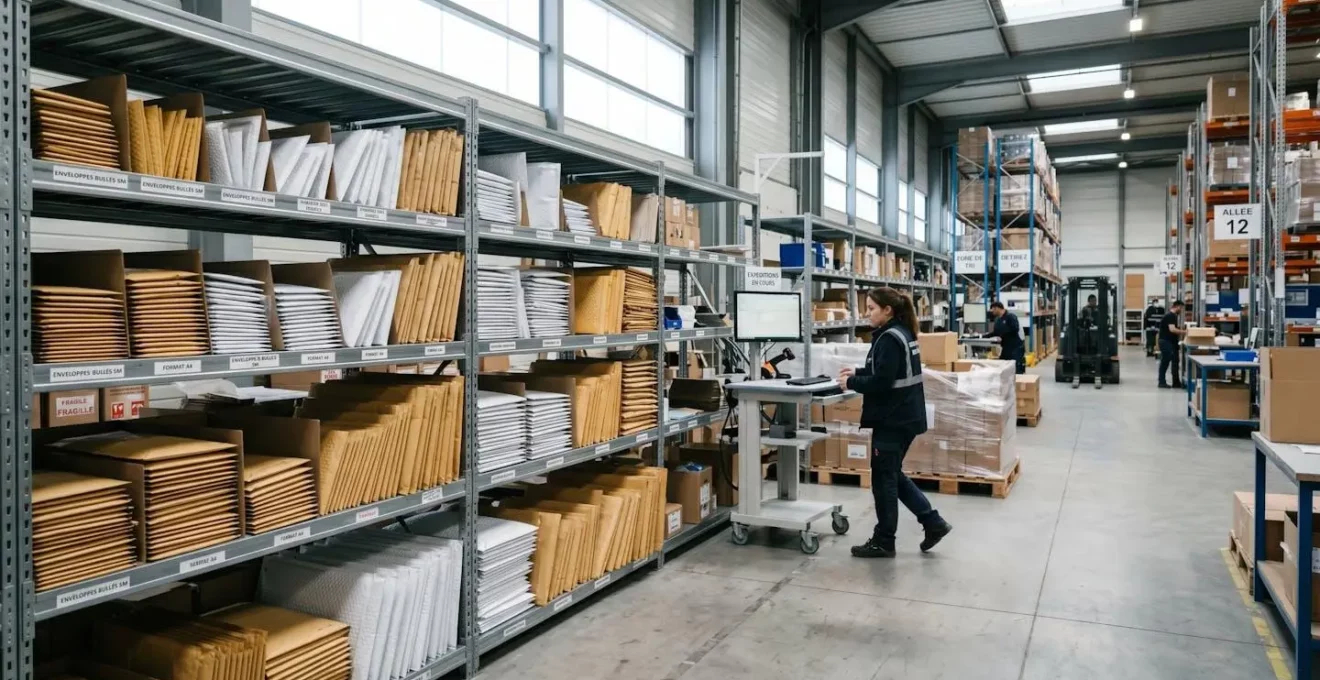 Zone d'expédition d'un entrepôt contemporain avec étagères métalliques organisées présentant des piles d'enveloppes à bulles de différentes tailles
