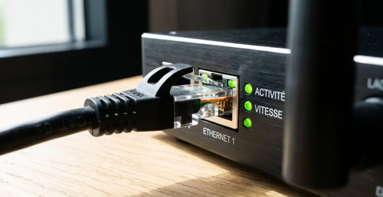 Gros plan sur un câble RJ45 branché dans un port de routeur professionnel, voyants LED verts lumineux indiquant l'activité réseau