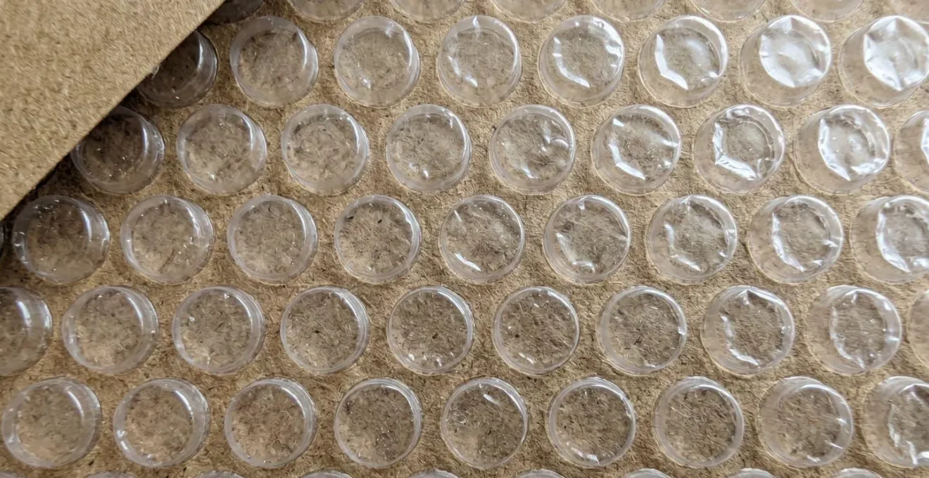 Gros plan macro sur la texture des bulles d'air à l'intérieur d'une enveloppe kraft, détail du matelassage protecteur avec faible profondeur de champ