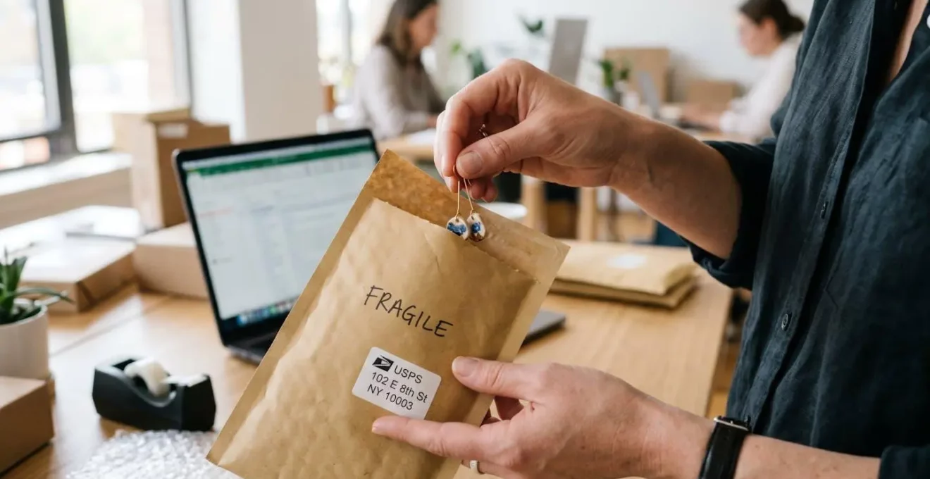 Gros plan sur des mains insérant avec précaution un petit objet fragile dans une enveloppe kraft à bulles, environnement de travail moderne flou en arrière-plan