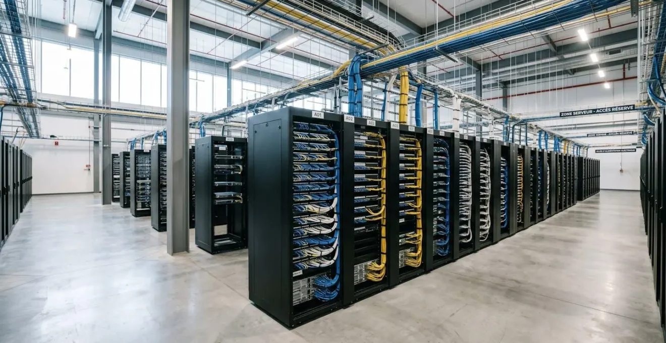 Vue en grand angle d'une salle serveur contemporaine avec baies de brassage réseau et câblage structuré, éclairage ambiant naturel et artificiel