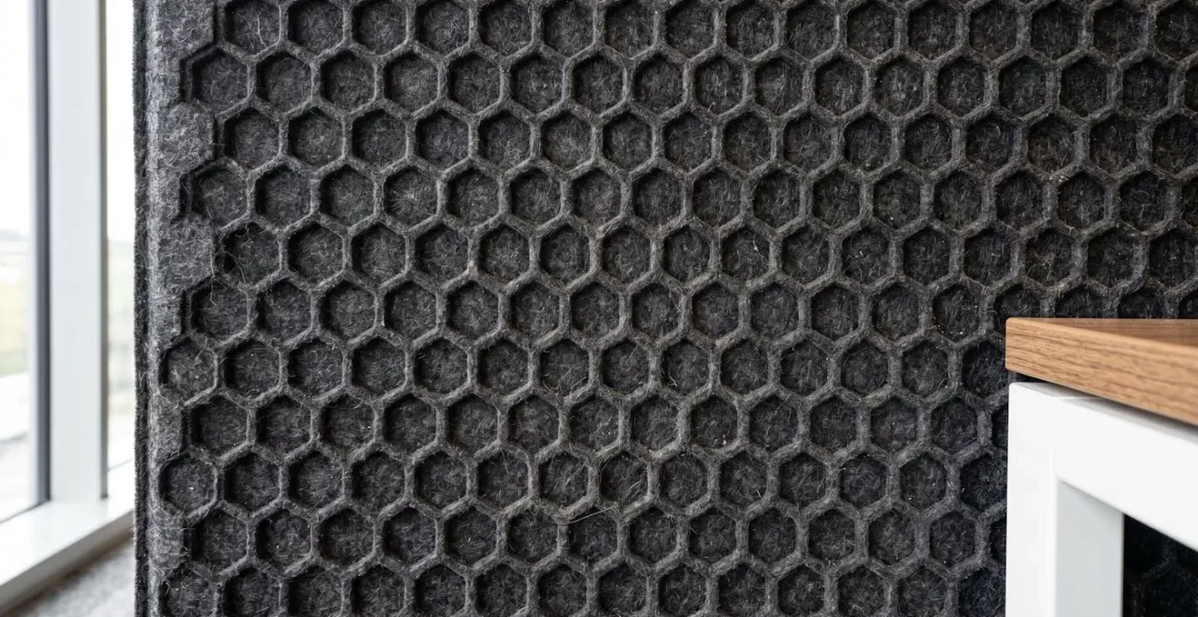 Gros plan macro sur la texture d'un panneau acoustique montrant le motif alvéolaire hexagonal du feutre gris anthracite haute densité, bord de bureau blanc contemporain partiellement visible sur le côté droit