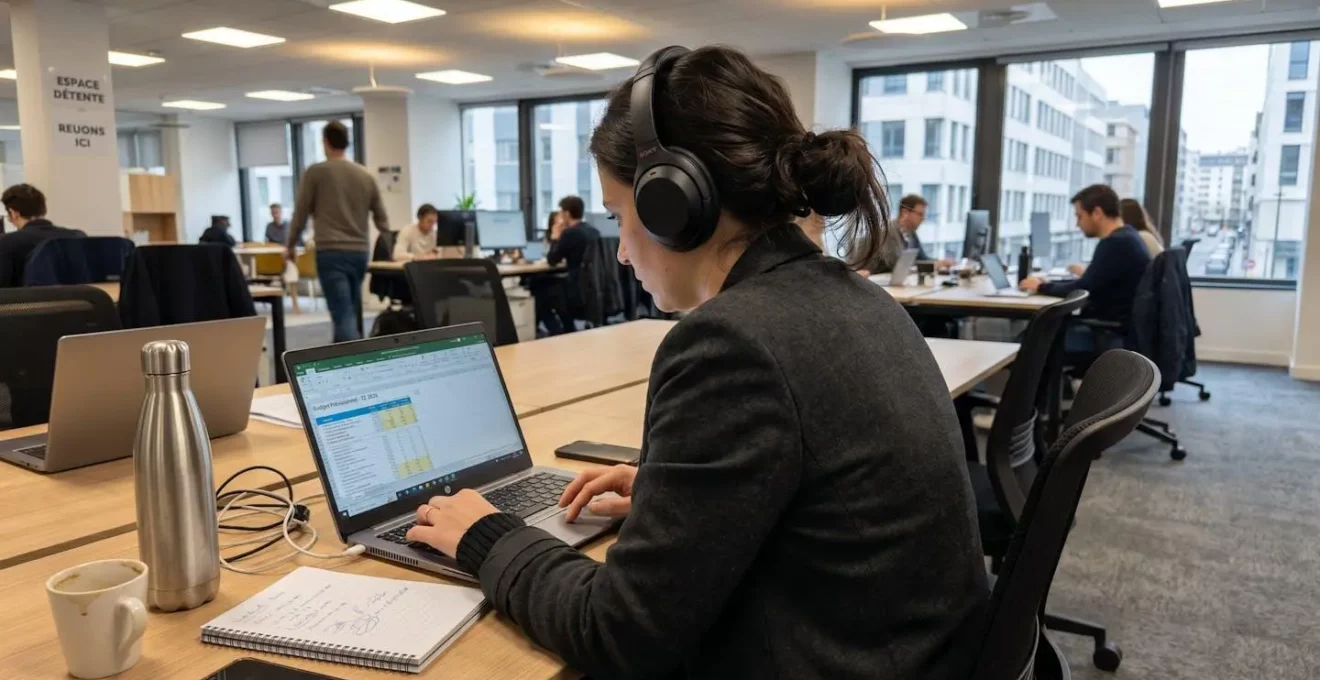 Femme professionnelle vue de dos assise à son bureau en open space, portant un casque antibruit noir, posture légèrement tendue avec épaules rentrées penchée vers écran d'ordinateur, collègues flous travaillant en arrière-plan